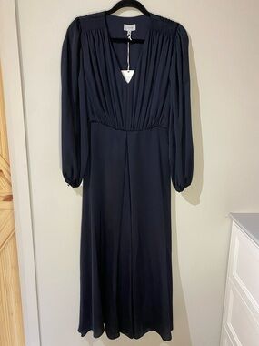 Jigsaw Silky Navy Long Sleeve Pleated V-Neck Dress